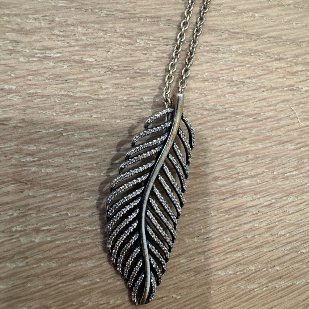 Pandora Silver and Stone Feather Necklace